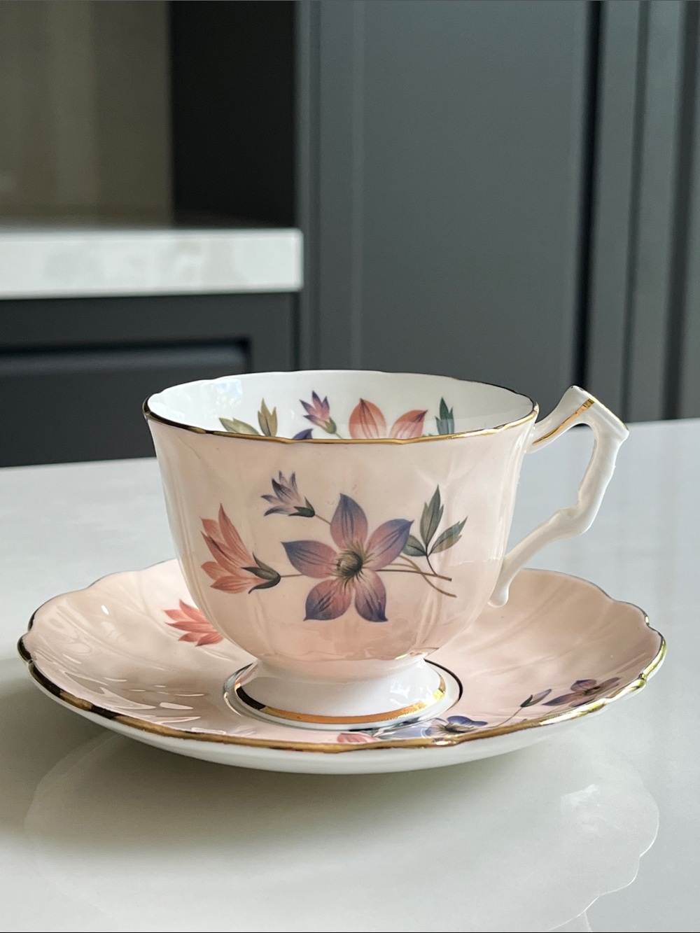 Aynsley Tea Cup and Saucer. Bone China. Made in England. Blush Floral.